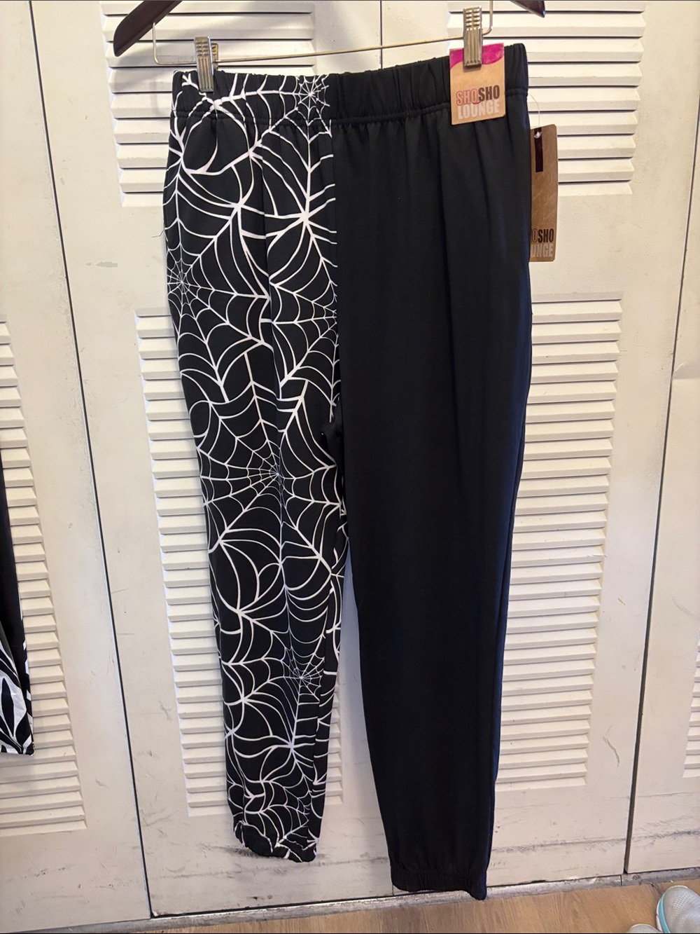 shosho Black Joggers with White Spiderweb Print Panel